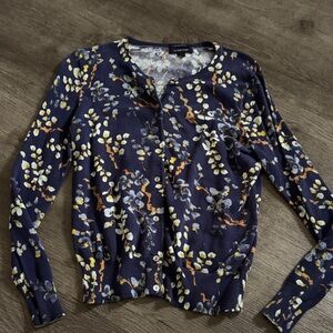 Lands End Navy Floral Button Down cardigan